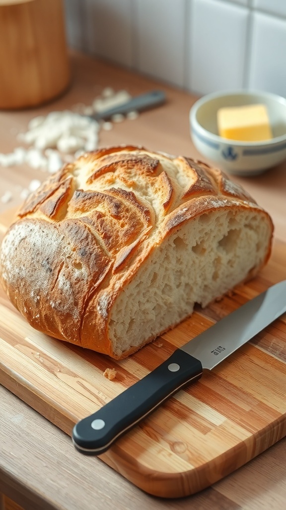 Quick Sourdough Bread Recipe in 6 Hours Freshly baked sourdough bread on a cutting board with a rustic crust and soft interior.